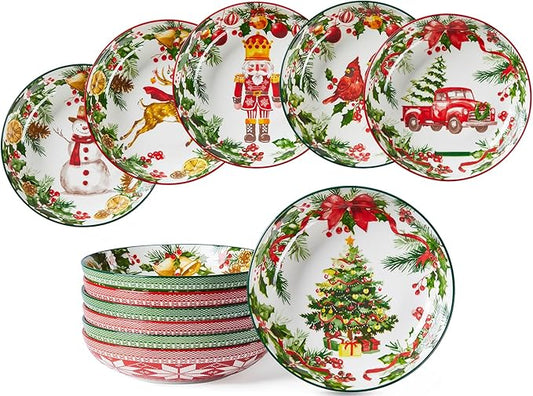 Christmas Pasta Bowls, Ceramic Salad Serving Bowl Set, 8 Inch Wide and Shallow Dinner Bowl Plate for Kitchen, Dishwasher and Microwave Safe, Set of 6