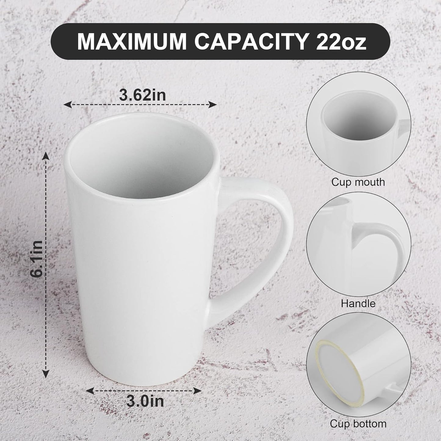 22oz white Super Large tall Ceramic Coffee Mugs Large Handles Set of 4
