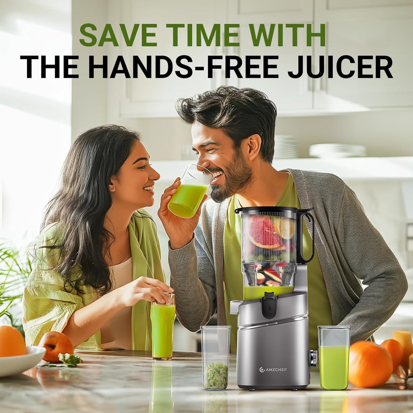 AMZCHEF Juicer Machines, 5.3" Extra Self-Feeding Cold Press Juicer for Whole Vegetable & Fruit, Juice Extractor Machine with Large Auger & Triple Strainers, Easy to Clean, High Juice Yield, Grey