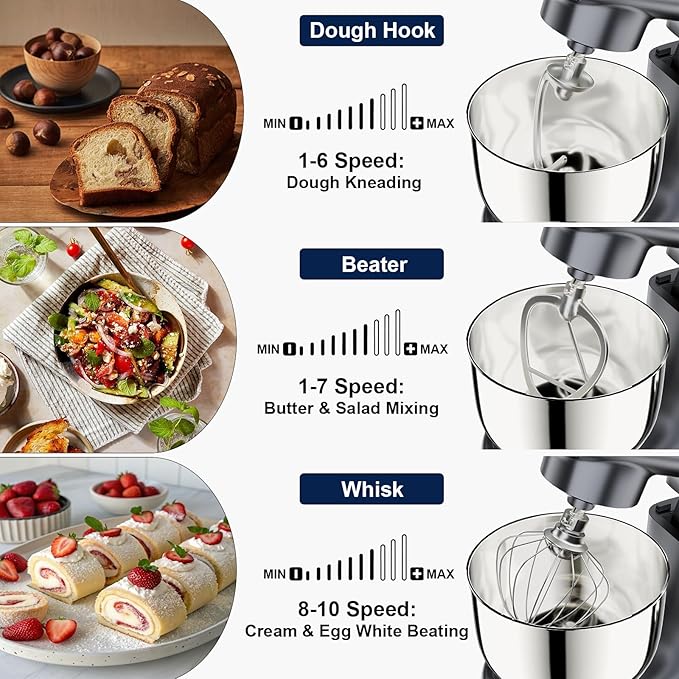 Camic Stand Mixer, 4.2QT+5.3QT Two bowls Electric Food Mixer, 10 Speeds with Digital setting 3-IN-1 Kitchen Mixer for Baking Cakes Cookie Bread Salad with Egg Whisk,Dough Hook,Flat Beater (Grey)