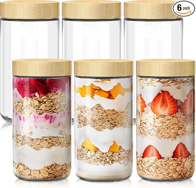 6 pack 24oz Overnight Oats Containers with Bamboo Lids, Glass Jars with Airtight Lids for Meal Prep, Wide Mouth Mason Salad Jars, Glass Food Storage Container for Yogurt Chia Snacks Spice Sugar