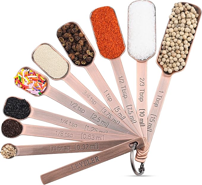 Copper Measuring Cups and Spoons Set, Stainless Steel Measuring Cups and Spoons Set, Metric & US 7 Measure Cup & 9 Long MeasureSpoon,1Leveler & 1Measure Equivalents for Kitchen & Baking
