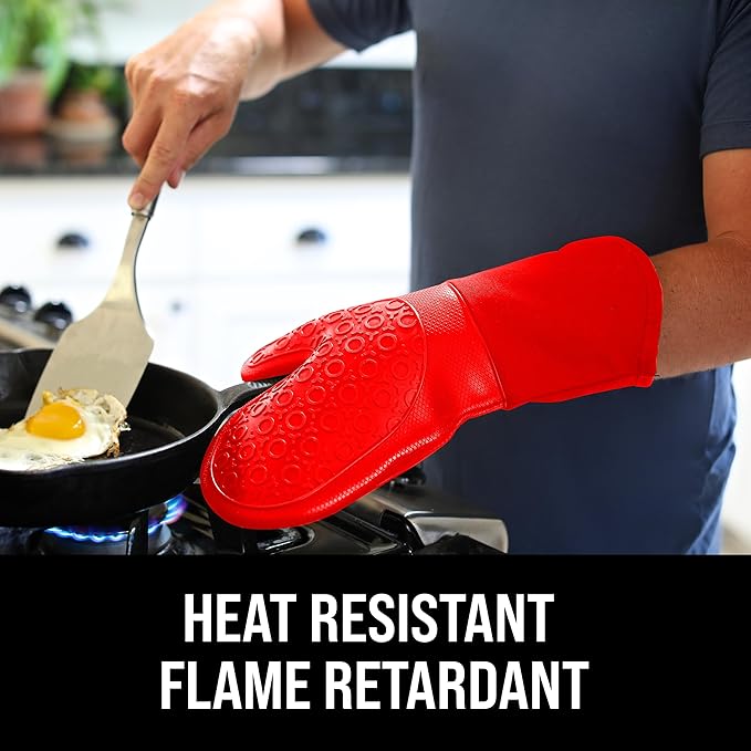 BPA-Free Silicone Oven Mitts Ultra Heat Resistant up to 500°F - Oven Mitts with Thick Cotton Liner - Long Slip Resistant Pot Holders, Flexible Oven Gloves - Canyon Red 13.7