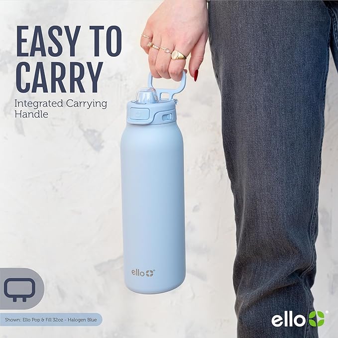 Ello Pop & Fill 22oz Stainless Steel Water Bottle with QuickFill Technology, Double Walled and Vacuum Insulated Metal, Leak Proof Locking Lid, Straw and Chug, Reusable, BPA Free, Pink Gingham