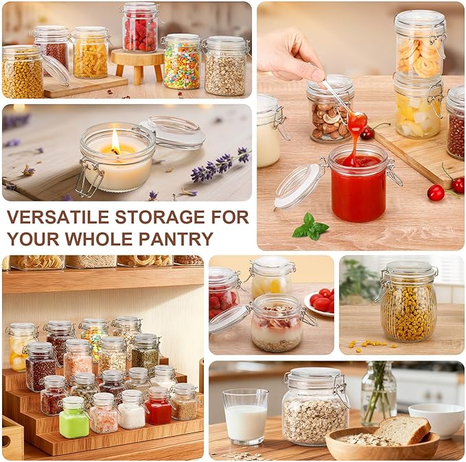 Small Glass Jars with Lids 8 oz, Airtight Clamp Lid Glass Storage Jars, Thick Lead-Free Glass Containers for Pantry Organization, Jam, Yogurt, Overnight Oats, Food Storage