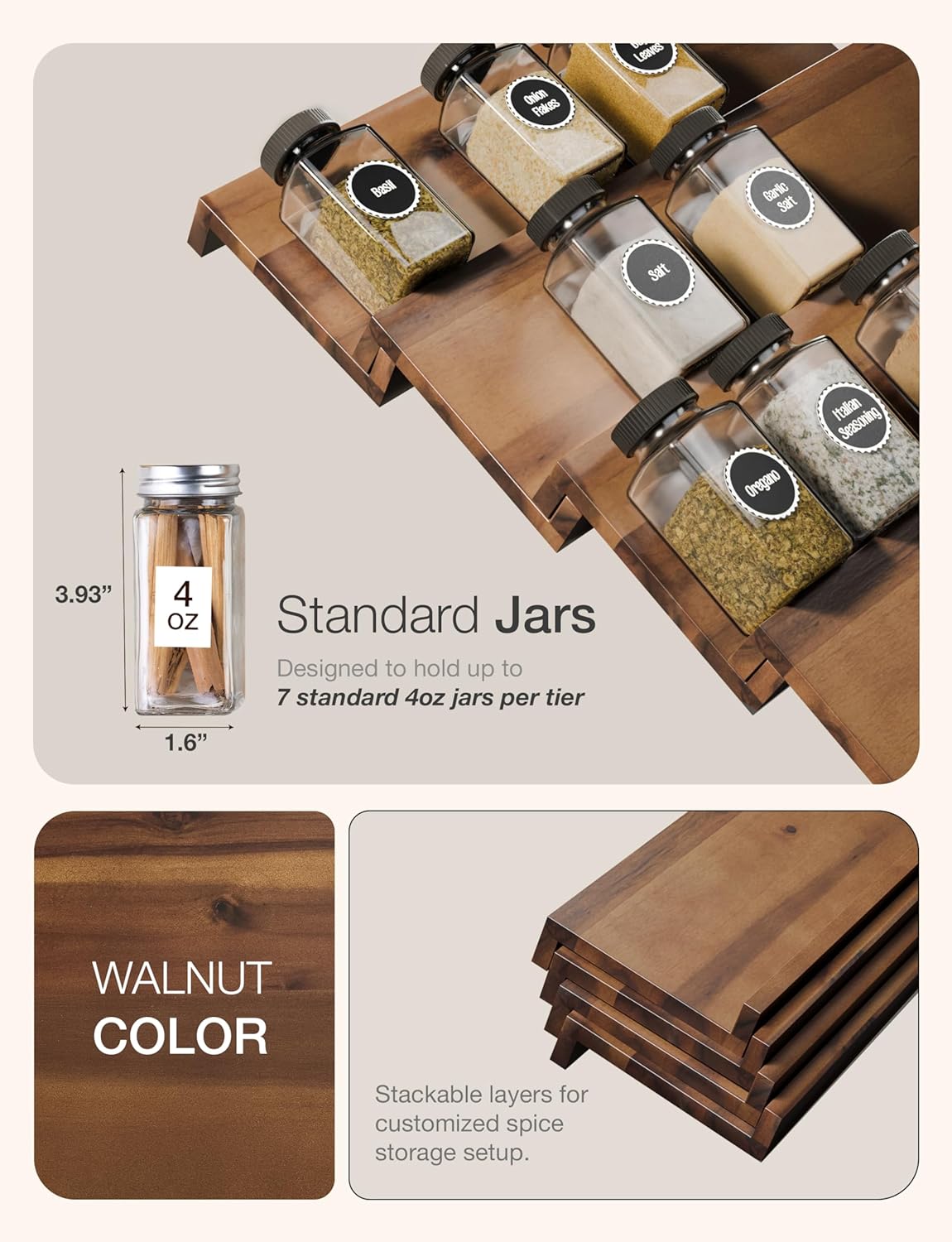 Tinamo 8-Pack Acacia Wooden Spice Drawer Organizer - Spice Organization for Cabinet, Seasoning Organizer for Cabinet - Organizador De Especias De Cocina - 64 Standard Jars, Multi-Tier (Walnut color)