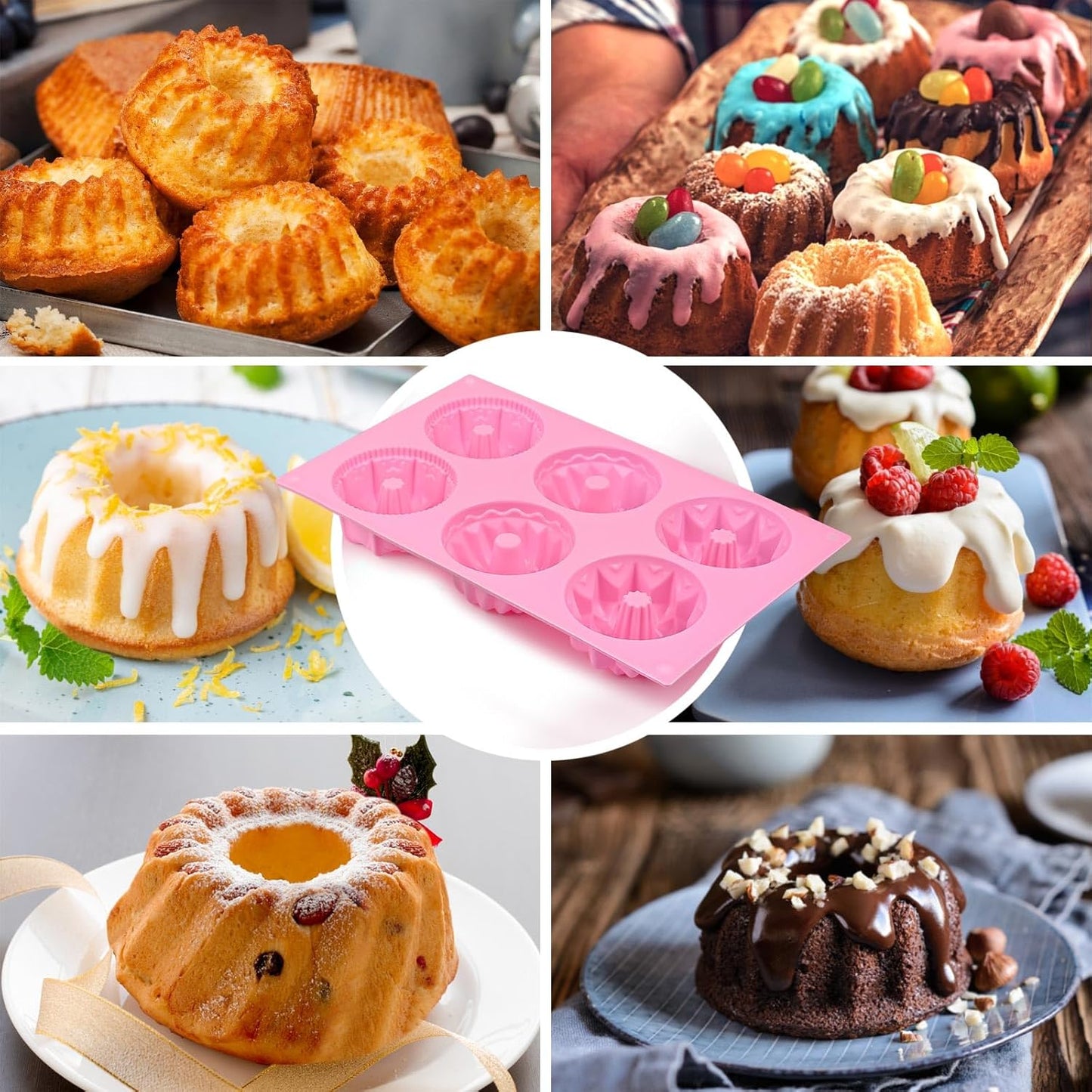 HUAKENER 2 Pcs Mini Fluted Cake Pan, 6-Cavity Fluted Tube Cake Pan, Non-stick Silicone Baking Mold for Cupcakes, Donuts, Cornbread, Brownies, Jellies