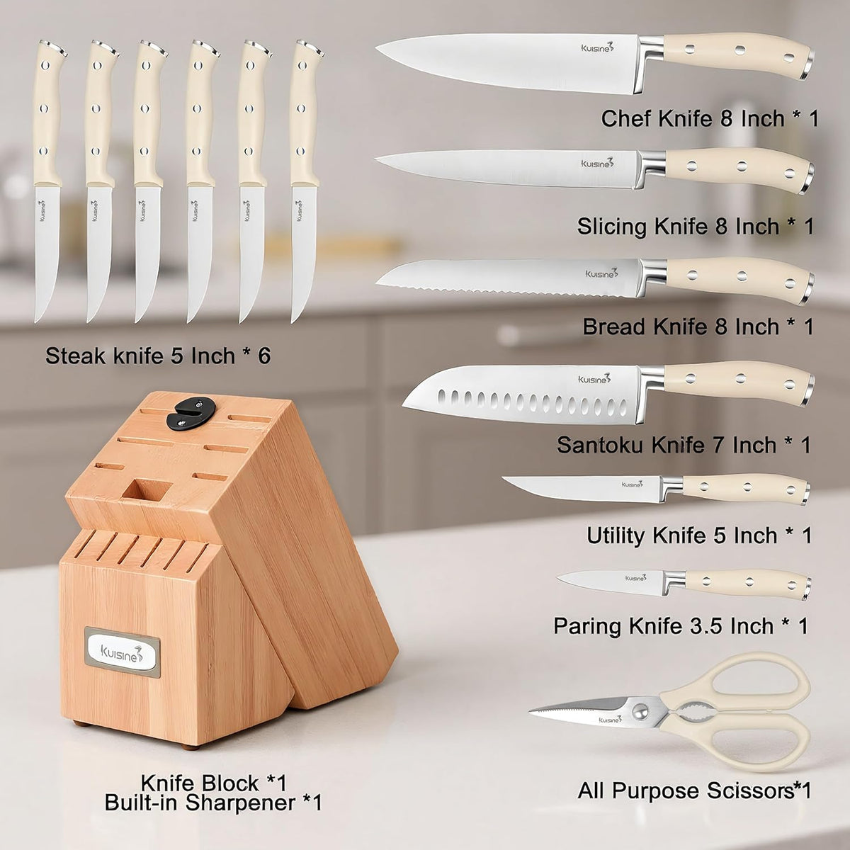 KUISINE Knife Set High Carbon Stainless Steel Ultra Sharp Blade Ergonomic Handle,Knife Block Set with Built-in Sharpener(Ivory Acacia,15PCS)