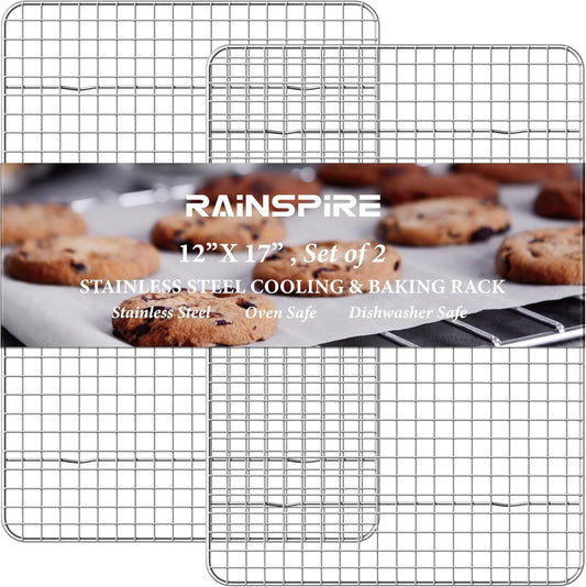Rainspire Cooling Rack Stainless Steel, Heavy Duty Cooling Racks for Cooking and Baking, Oven Safe Wire Rack for Cooking, Baking Rack for Oven Cooking Fits Half Sheet Cookie Pan, 12" x 17", 2-Pack
