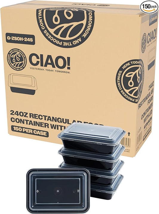 CIAO! Heavy Weight 24oz Injection Molded Microwavable Black Rectangular Food Container With Lid (150/case)