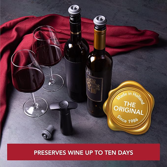 Vacu Vin Wine Saver Vacuum Stoppers - Set of 2 - Gray - Airtight Seal for Opened Bottles to Preserve Freshness Up to 10 Days - Food Grade Rubber - Easy to Use Perfect for Every Occasion