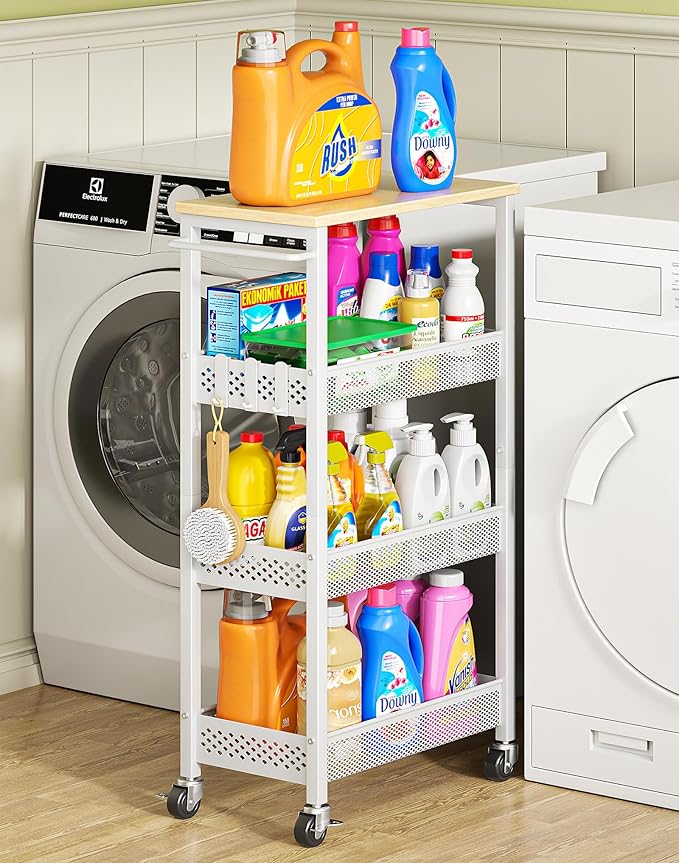 OKZEST Utility Slim Storage Cart, 4-Tier Narrow Bathroom Organizers and Storage Cart, Narrow Metal Kitchen Laundry Room Organization Shelf with Wood Top, Slim Rolling Carts with Wheels for Small Space