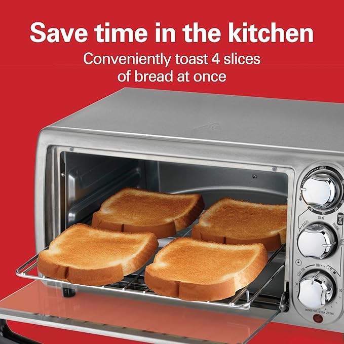 Hamilton Beach 4-Slice Toaster Oven with 5 Cooking Modes (Bake, Broil, Keep Warm Toast & Bagel) with Stay On & Auto Shutoff, 2 Rack Positions, 1100 Watts and 3 Accessories, Stainless Steel (31143)