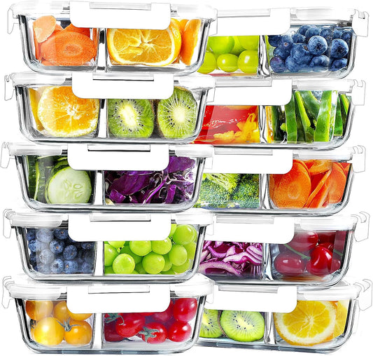 VERONES 10 Pack Glass Meal Prep Containers 2 Compartment Set, 30 OZ Airtight Glass Lunch Containers, Food Storage Containers with Lids, for Microwave, Oven, Freezer & Dishwasher Friendly，White