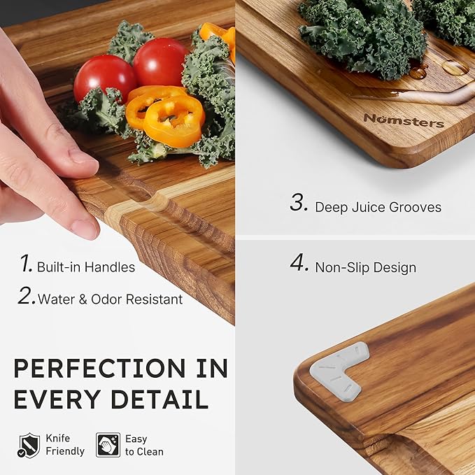 13'' Teak Wood Cutting Board for Kitchen Non Slip Over Sink Charcuterie Board Serving Heavy Duty Non Toxic Wooden Chopping Board Thick Haus Organic Edge Grain Wood House Warming Hostess Host Gift