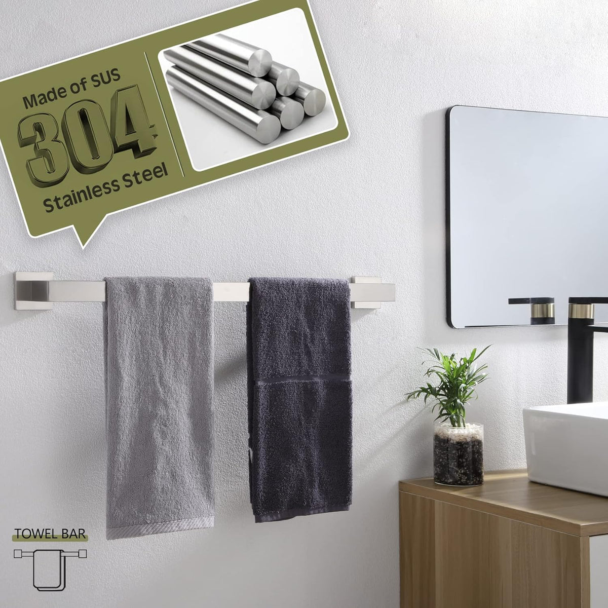 KOKOSIRI 20-Inch Single Towel Bar, Bathroom Kitchen Towel Holder, Wall Mounted SUS304 Stainless Steel Towel Rack, Brushed Nickel, B4003BR-L20