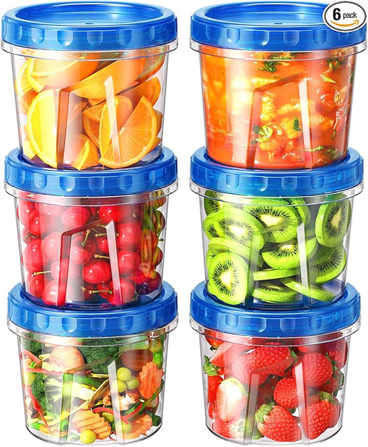 BiuLeon 6 Pack-24 oz Freezer Storage Containers, Plastic Food Storage Containers with Twist Top Lids, BPA Free and Reusable Soup Containers with Lids, Leakproof/Microwave/Dishwasher Safe
