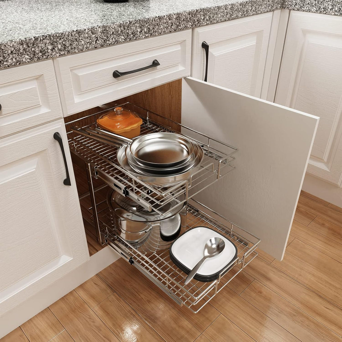 ROOMTEC Individual Pull Out Cabinet Organizer (22½"W x 21½"D), 2 Tier Spice Rack Organizer for Cabinet, Slide Out Drawer Pantry Shelf Organization and Storage for Kitchen Bathroom