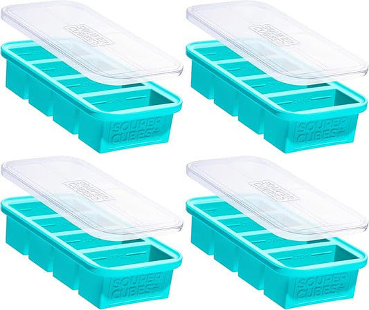Souper Cubes 1 Cup Silicone Freezer Molds - Soup Cubes Perfect for Freezing Broth, Rice, Leftovers and More - Silicone Freezer Trays with Lids for Meal Prep - Aqua - 4-Pack