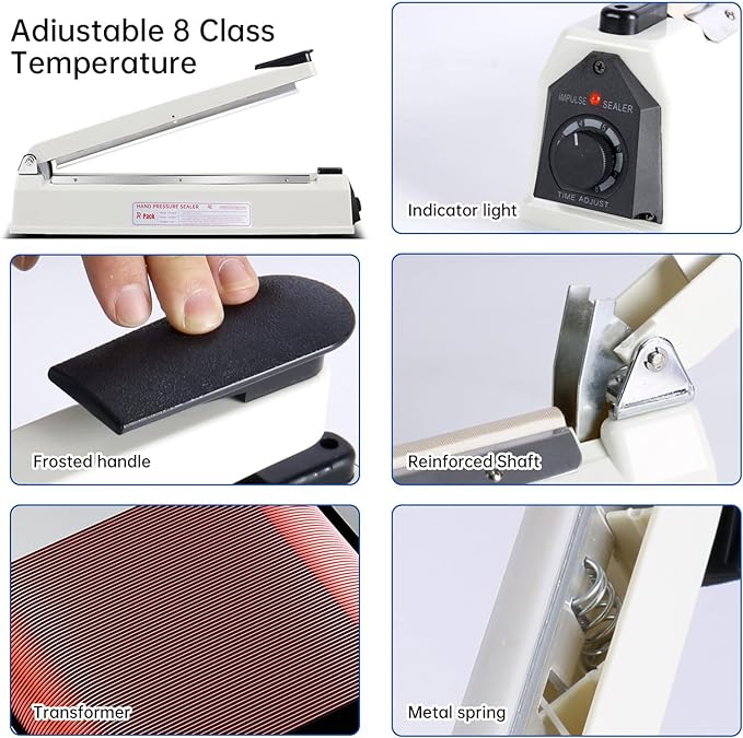 Impulse Heat Sealer with Hot Cutting Wire, Heavy-Duty Bag Sealing & Cutting Machine, 2 Extra Replacements（Purple, 8inch）