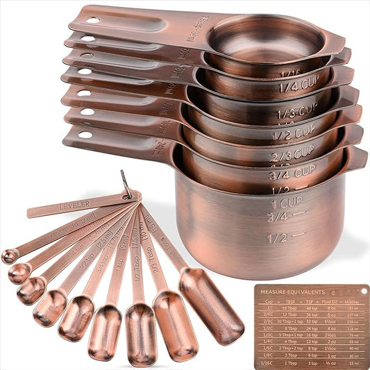 Copper Measuring Cups and Spoons Set, 20-Piece Stainless Steel Measuring Cups and Spoons Set, Measuring Stick Leveler, Measurement Conversion Chart Fridge Magnet, with 2/3 & 3/4 Measure Cup
