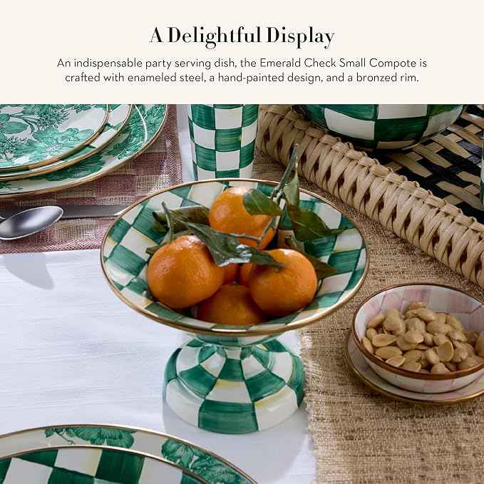 MACKENZIE-CHILDS Enamel Compote, Cute Enamel Pedestal Serving Dish or Decorative Bowl, Small, Green-and-White Emerald Check