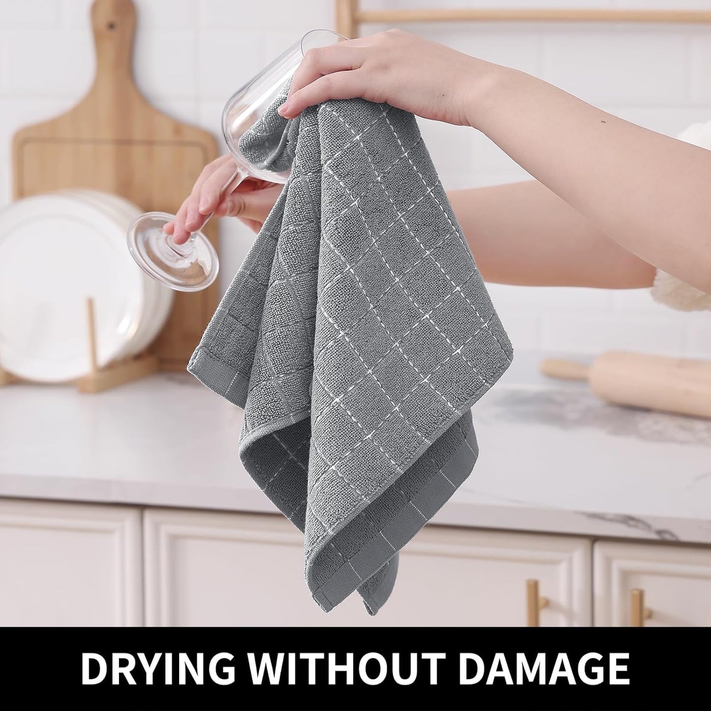 Homaxy 100% Cotton Terry Kitchen Towels(Grey, 13 x 28 inches), Checkered Designed, Soft and Super Absorbent Dish Towels, 6 Pack