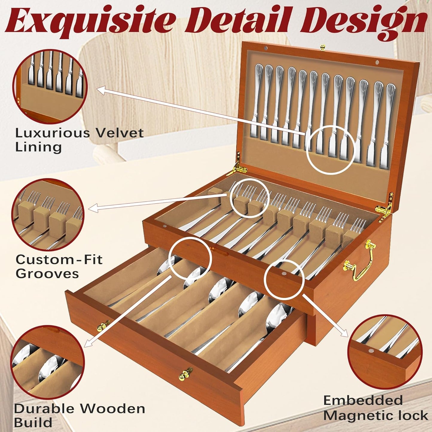 Silverware Storage Box Solid Wood with Lid, 2 Layer Silverware Storage Chest, 15.5'' ×11.5'' Silverware Organizer with Handle and Felt Lined, Chest for Flatware Setting Up 30