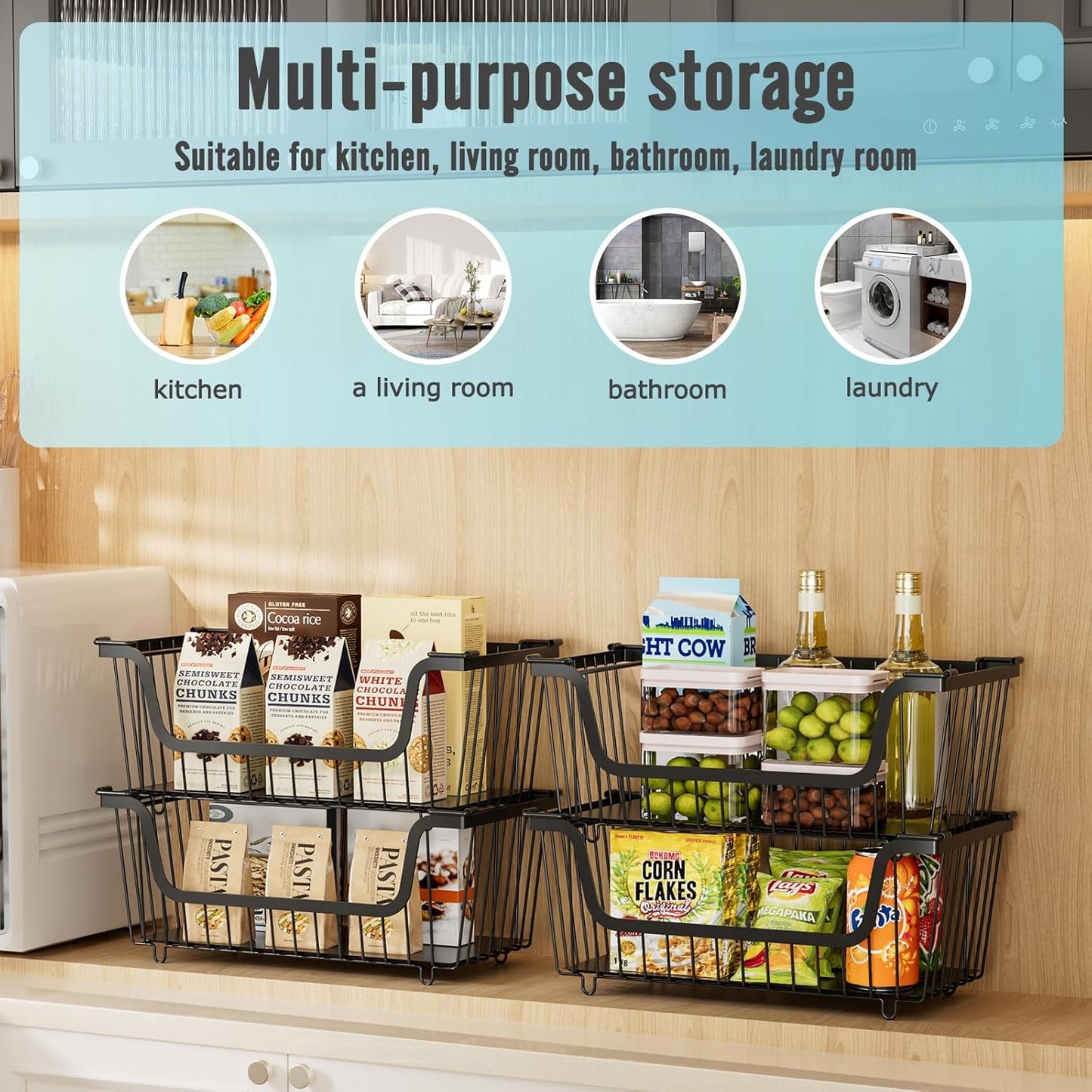 4 Pcs Stackable Wire Baskets for Pantry Organizers and Storage,Vegetable Fruit Basket for Countertop,Kitchen Storage Metal Baskets,Produce Potato Onion Storage Bin,Black