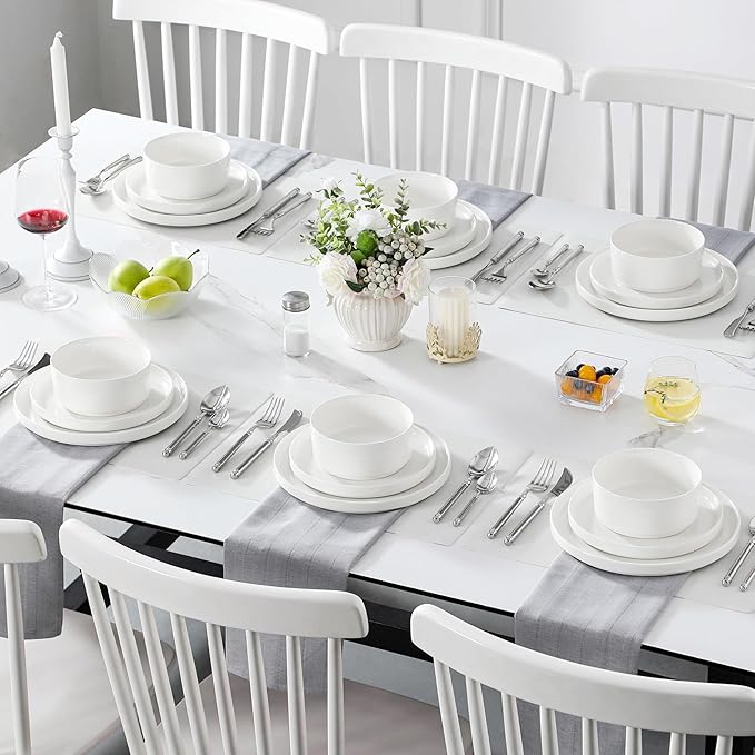 MALACASA 18 Pieces Porcelain Dinnerware Set, Modern White Dish Set for 6, Premium Serving Plates and Bowls Sets, Chip and Scratch Resistant Dishware Sets Kitchen Dishes Dining Ware Set, Series LEAH