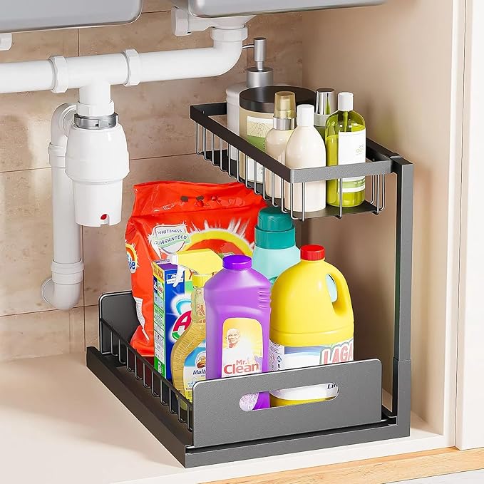 VUSIGN Under Kitchen Sink Organizer 2 Tier, Pull Out Under Sink Organizers and Storage, Bathroom Cabinet Kitchen Organization Storage Shelf, 1 Pack Black
