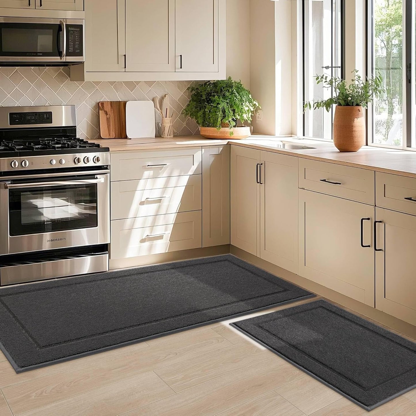 JSEI Non-Slip Kitchen Mats, Self Adhesive No Sliding Kitchen Rugs Set of 2, Washable Absorbent Floor Mat for Kitchen, Bathroom, Laundry Room, Bedroom, 24”x36”+24”x60”, Dark Grey, Rectangular Pattern