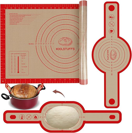 Silicone Bread Sling and Pastry Mat, 3 PCS Non-Stick & Easy Clean Reusable Silicone Bread Baking Mat with Long Handles, Easy to Transfer Sourdough Bread (Pastry Mat＆Oval and Round Bread Sling, Red)