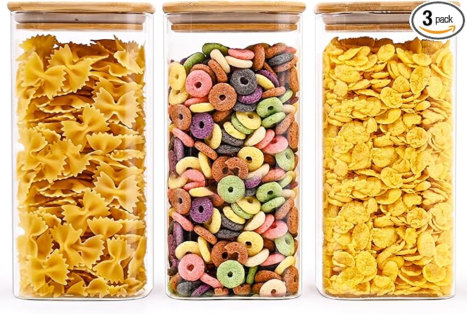 SHOWIN Glass Food Storage Jars Square 51oz, 3 Pack Glass Jars With Bamboo Lids, Kitchen Storage Containers For Spice, Candy, Cookie, Storage For Pantry Organizers
