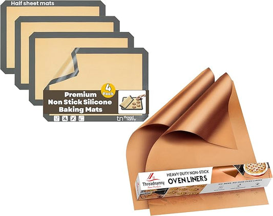 Silicone Baking Mats & Copper Oven Liners Set – 4 Pack Non-Stick Half Sheet Mats & 2 Heavy-Duty Teflon Liners (17"x25") – Reusable, Thick & Heat-Resistant for Oven, Stove, Grill, and Microwave