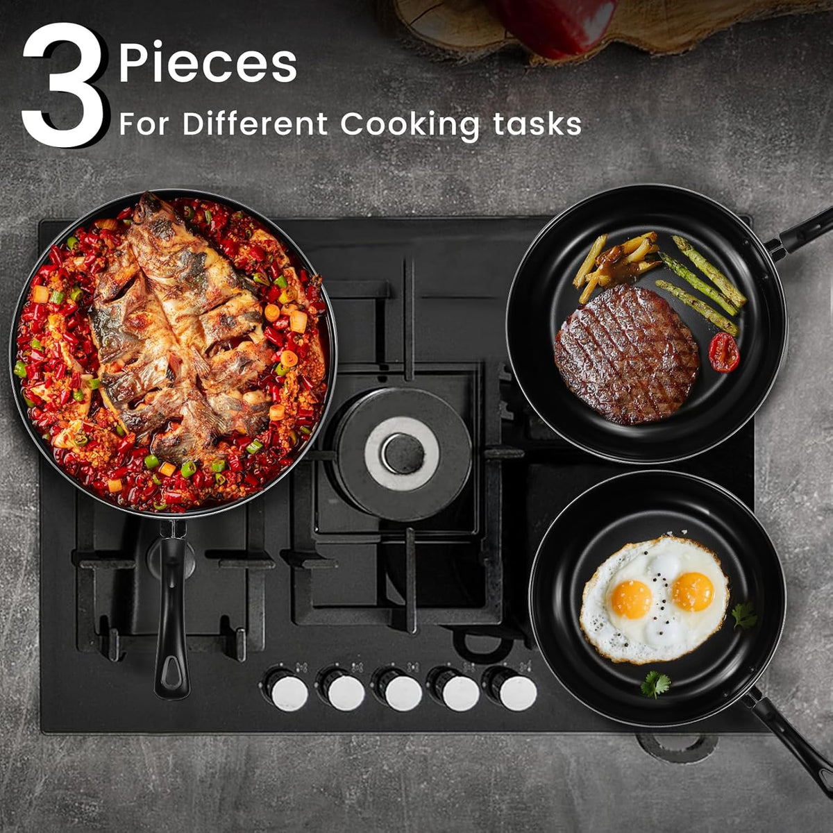 Nonstick Frying Pans Set of 3 - Carbon Steel Frying Pan with PFOA-Free Coating, Stay-Cool Handle, Oven & Dishwasher Safe, Include 2 Spatulas & 7.9, 10.2, 11.8 Inch Skillets for All Stovetops