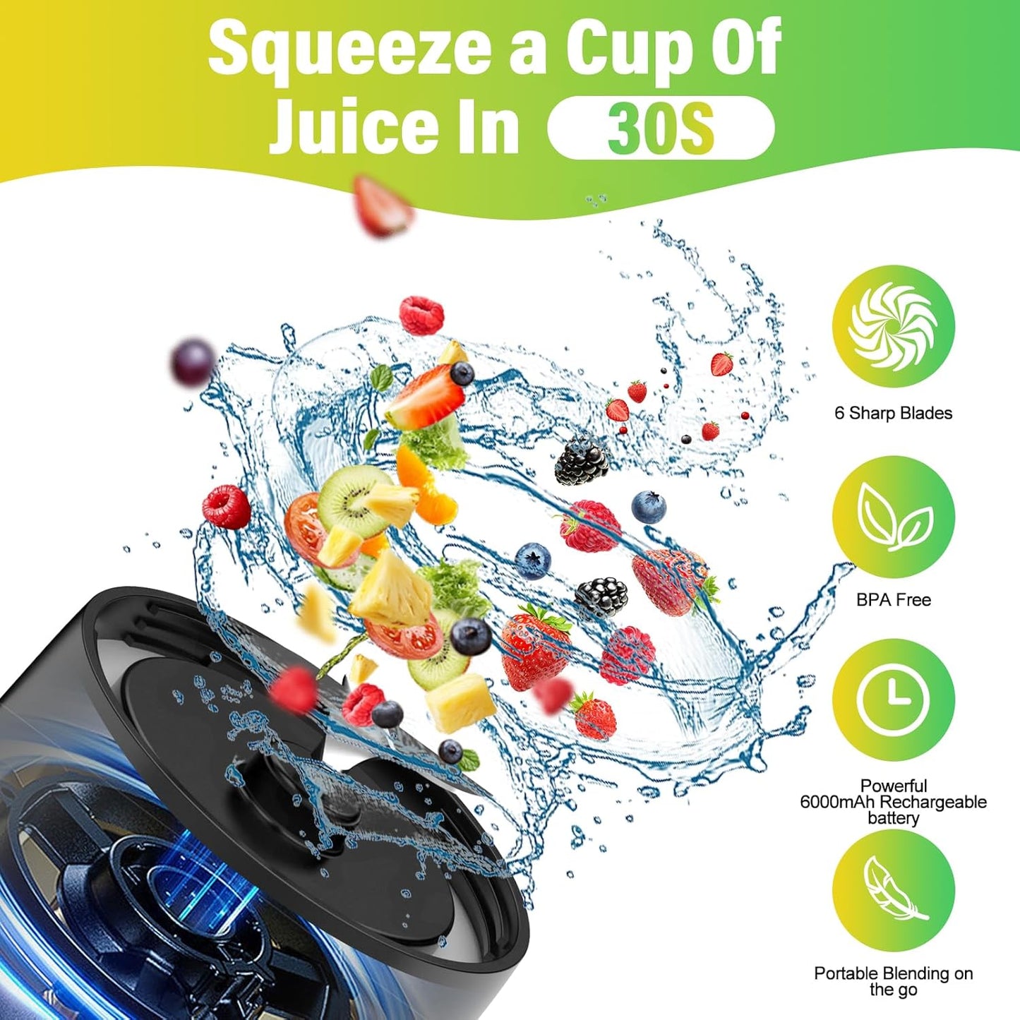 Portable Blender, 360W Personal Blender for Shakes and Smoothies for Kitchen, 24 Oz BPA Free Traveling Juicer Cup and Lid with 6 Blades, Self Cleaning Portable Juicer for Kitchen/Travel/Gym, Black