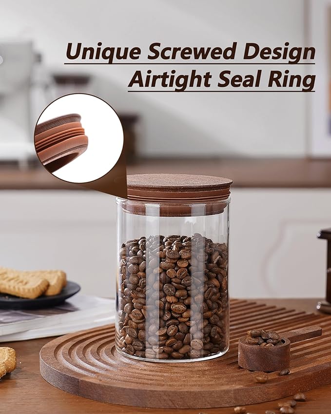 27oz Coffee Canister with Scoop and Wooden Lids, Airtight Coffee Grounds Container Set of 2 for Coffee Bar Organizer, Glass Jar for Coffee Beans Storage