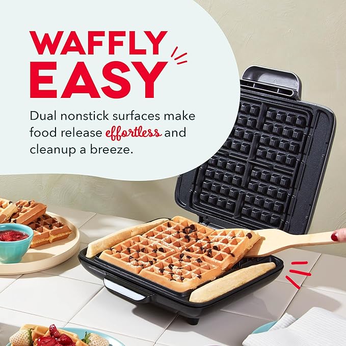 Dash No-Drip Waffle Maker - Makes Four Waffles at Once for Hassle-Free Breakfasts - Dual Nonstick Heating Plates & Quick Heat-Up System - Easy-Release Surface - Silver