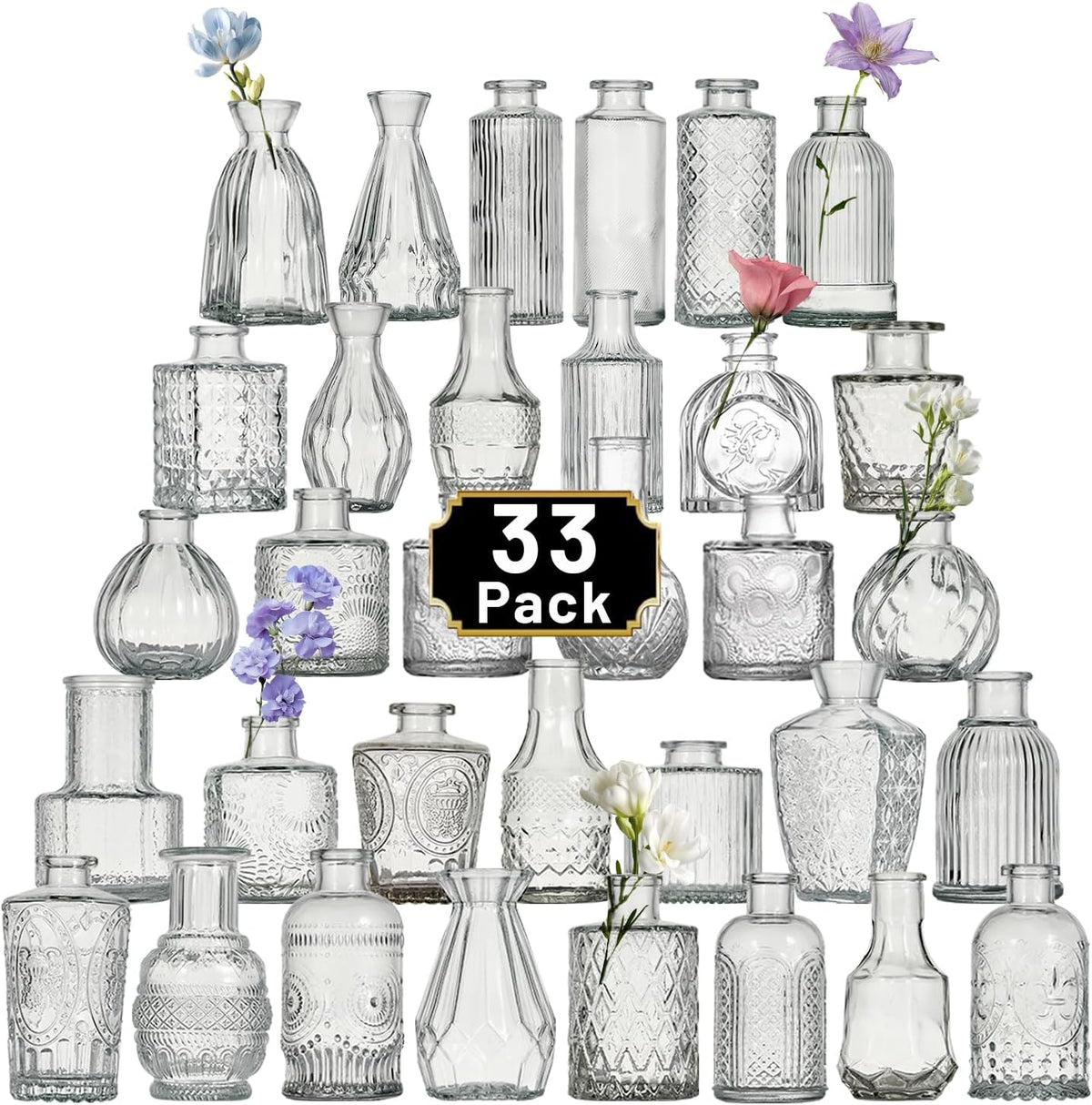 Glass Bud Vase Set of 33 Pcs Small Minimalist Vases for Flowers, Vintage Rustic Home Decor for Table Centerpiece Wedding Party, Modern Clear Aromatherapy Bottle for Living Room Bedroom