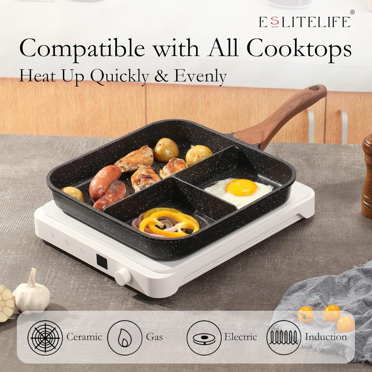 ESLITE LIFE 11 Inch Nonstick Divided Grill Pan for Indoor Cooking, Versatile 3-In-1 Induction Large Breakfast Pan for Stove Tops, PTFE & PFOA Free, Black