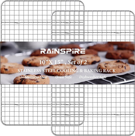 Rainspire 2-Pack Cooling Rack 10" x 15" Stainless Steel Heavy Duty Cooling Racks for Cooking and Baking Oven Safe Wire Rack for Cooking Baking Rack for Oven Cooking Fits Jelly Roll Pan