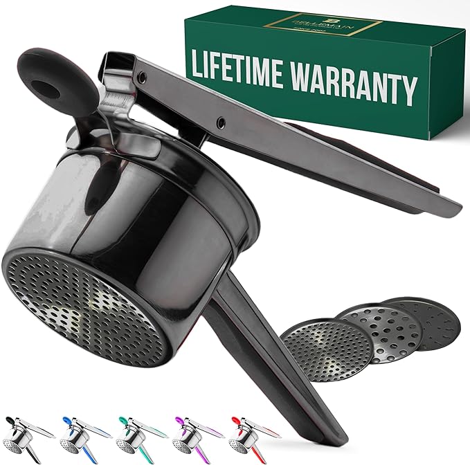 Bellemain 15 oz Large Potato Ricer | Heavy-Duty Stainless Steel Potato Ricer & Masher | Perfect for Mashed Potatoes | Ricer Kitchen Tool with 3 Interchangeable Discs (Metallic Black)