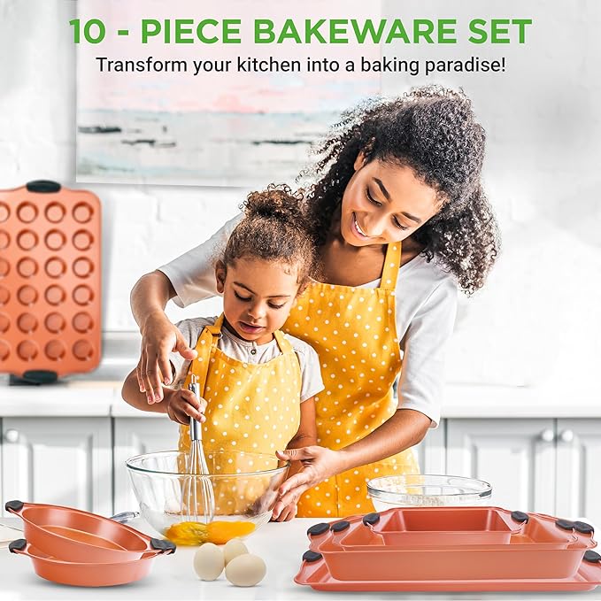 NutriChef 10-Piece Nonstick Baking Pan Set - Premium Carbon Steel Bakeware with Silicone Handles, Baking Pans, Pizza Pan, Square Pan, Loaf Pan, Cookie Sheet, Round Pan, 12/24 Cup Muffin Pan (Copper)