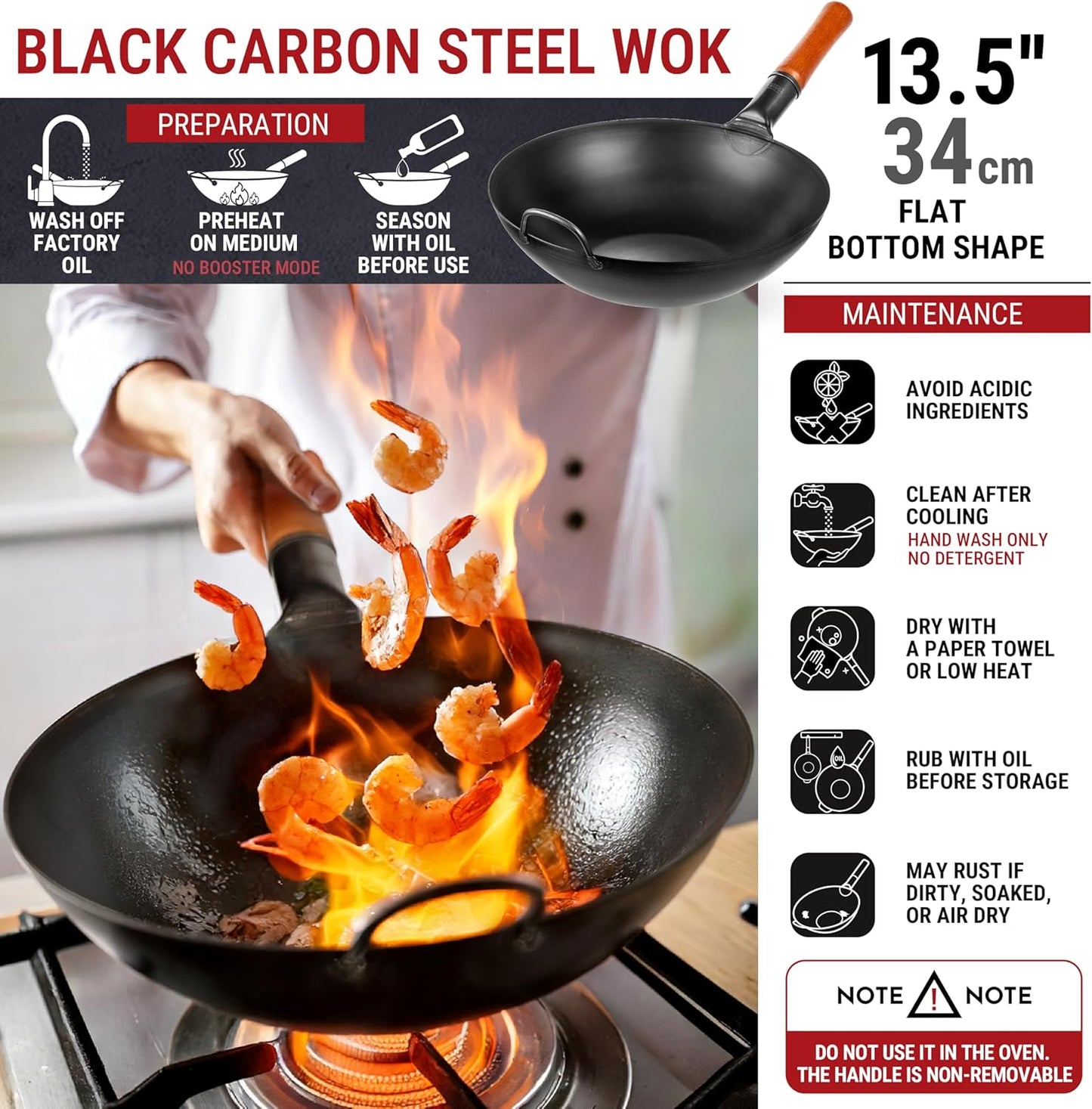 YOSUKATA 13.5" Carbon Steel Wok Pan – Pre-Seasoned Flat Bottom Pow Wok for Stir Fry, BBQ, Grill & Camping – Traditional Japanese Chinese Cookware – Compatible with Induction, Electric, Gas, Open Fire