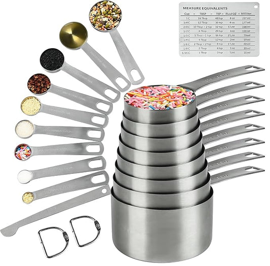 Measuring Cups and Spoons Set, 18/8 Metric & US Stainless Steel 8 Measuring Cups & 9 Spoons with 1 Leveler & 1 Measurement Conversion Chart for Baking & Kitchen