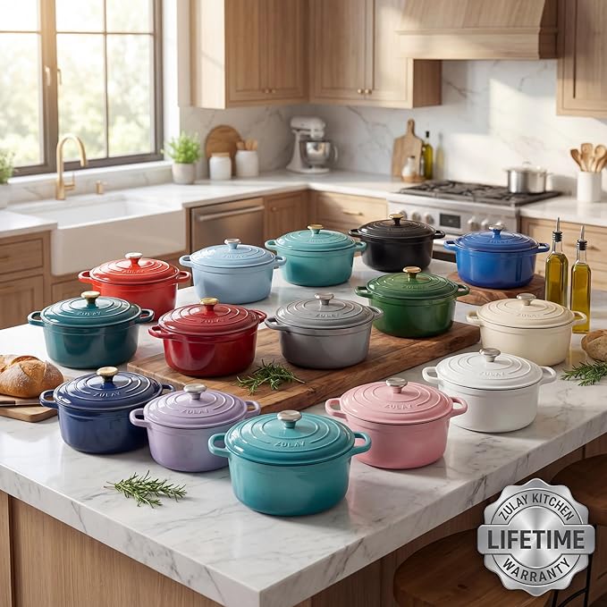 Zulay Kitchen 6 Quart Enameled Cast Iron Dutch Oven Pot with Lid – Premium Durability & Oven Safe up to 500°F – Heavy Duty Cookware Perfect for Bread Baking, Stews, Braising & Roasting - White