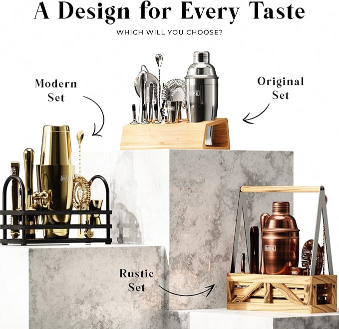 BARE BARREL® Mixology Bartender Kit Bar Set | 16-Piece Cocktail Shaker Set | Martini Barware Mixing Tools for Home Bartending | Incl. 35 Recipe Cards | Gift Set (24oz Cobbler Shaker, Gold/Black)