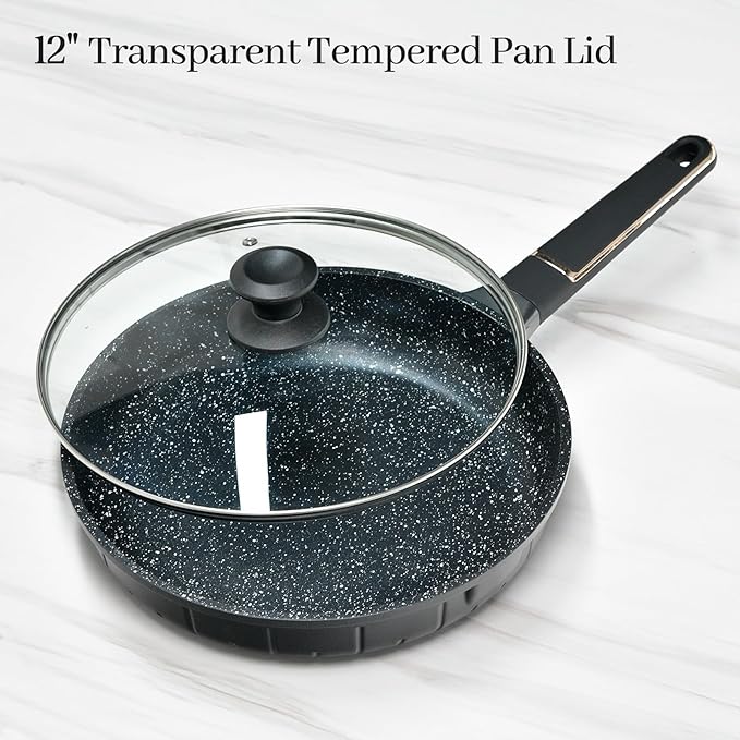 12 In Glass Lid for Frying Pan, Tempered Replacement Cover Compatible with All 12 inches Cookware for Skillets, Round Cast Iron, Cast Aluminium, Stainless Steel Pans &Pots