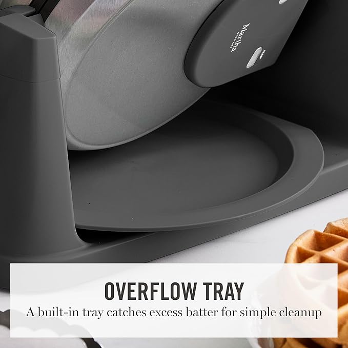 Martha Stewart Rotating Waffle Maker, 180° Flip Iron with PFAS-Free Nonstick Plates, Adjustable Timer, Ready Light, Drip Tray, Space Saving, Classic Round 7”, Easy to Clean, Stainless Steel, Caviar
